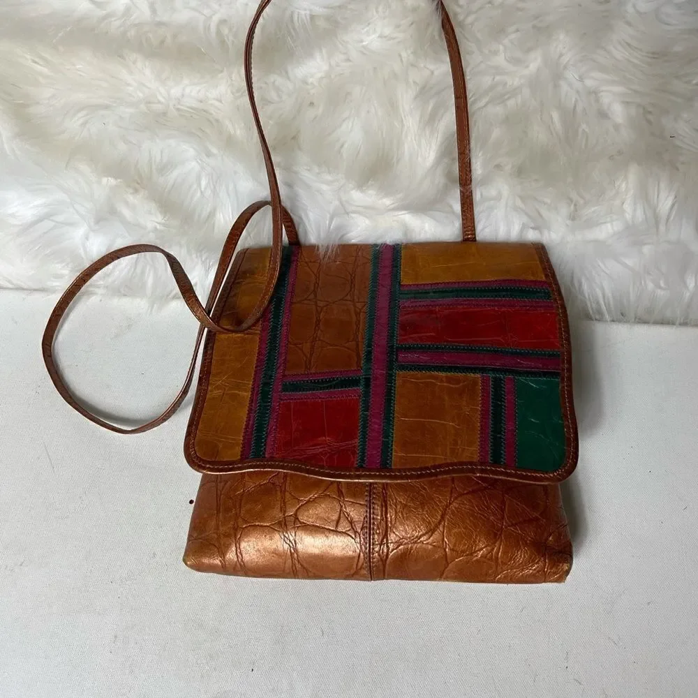 Carlos Falchi vintage leather croc embossed flap crossbody bag